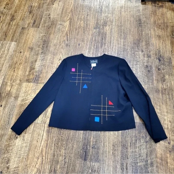 Vintage 80s John Roberts Embroidered Zip Up Black Jacket Blazer Size 14 - Picture 10 of 11